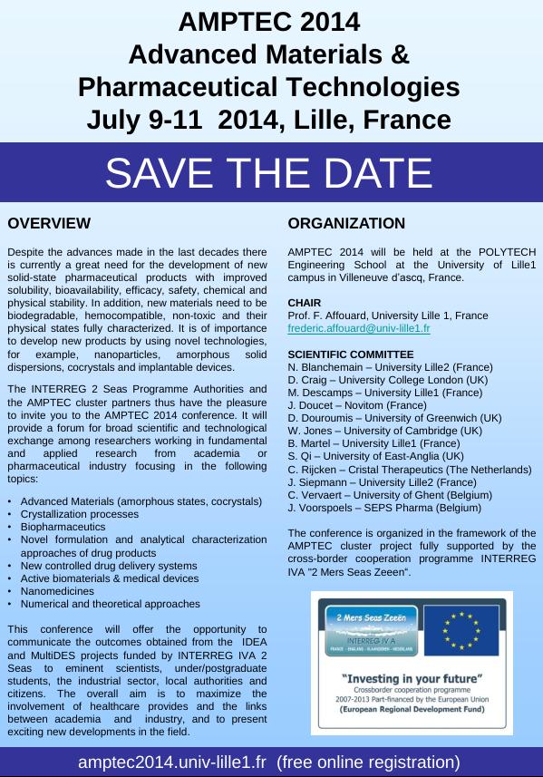 Advanced Materials and Pharmaceutical Technologies 2014, July 9-11 2014, Lille, France