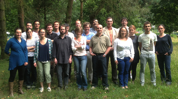 The mineral physics group in 2013. From left to right, first  row: Angelika Rosa, Ainhoa Lincot, Francesca Boioli, Sebastian Ritterbex, Priscille Cuvillier, Philippe Carrez, Karine Gouriet, Caroline Bollinger, Guillaume Bellino, Nadège Hilairet.  From left to right, second row: Guillaume Fraysse, Antoine Kraych, Boris Laurent, Damien Jacob, Hugues Leroux, Sébastien Merkel, Christophe Depecker, Jannick Ingrin, Patrick Cordier, Eric Vigouroux. Not here: Alexandre Mussi, Paul Raterron, Mathieu Roskosz, Pierre Hirel, Nils Garvik, Peipei Zhang. Click on the image for high resolution version.